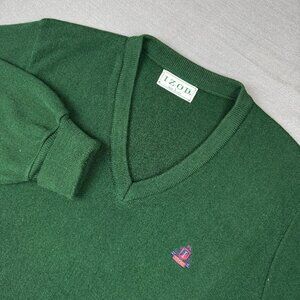 Vintage Izod Acrylic Sweater Mens Large Dark Green V Neck Classic Logo USA Made